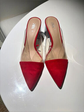 ZARA Red Suede Mid Heel Mules Red EU 40